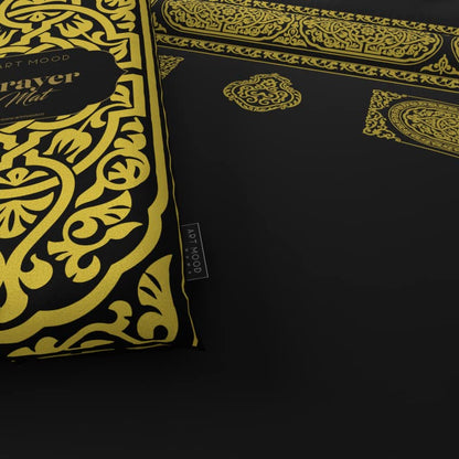 Velvet Padded Prayer Mat in Gold & Black, 68x117 cm, a luxurious rug with a stylish Mecca-inspired design and soft padding for exceptional comfort during daily prayers