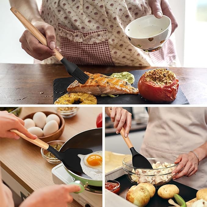 Silicone Non Scratch Cookware Utensils Kit Designed With Heat Resistant Wooden Handles And Include Plastic Stand Elegant Design Practical For Kitchen Set Of 11 Pieces - Black
