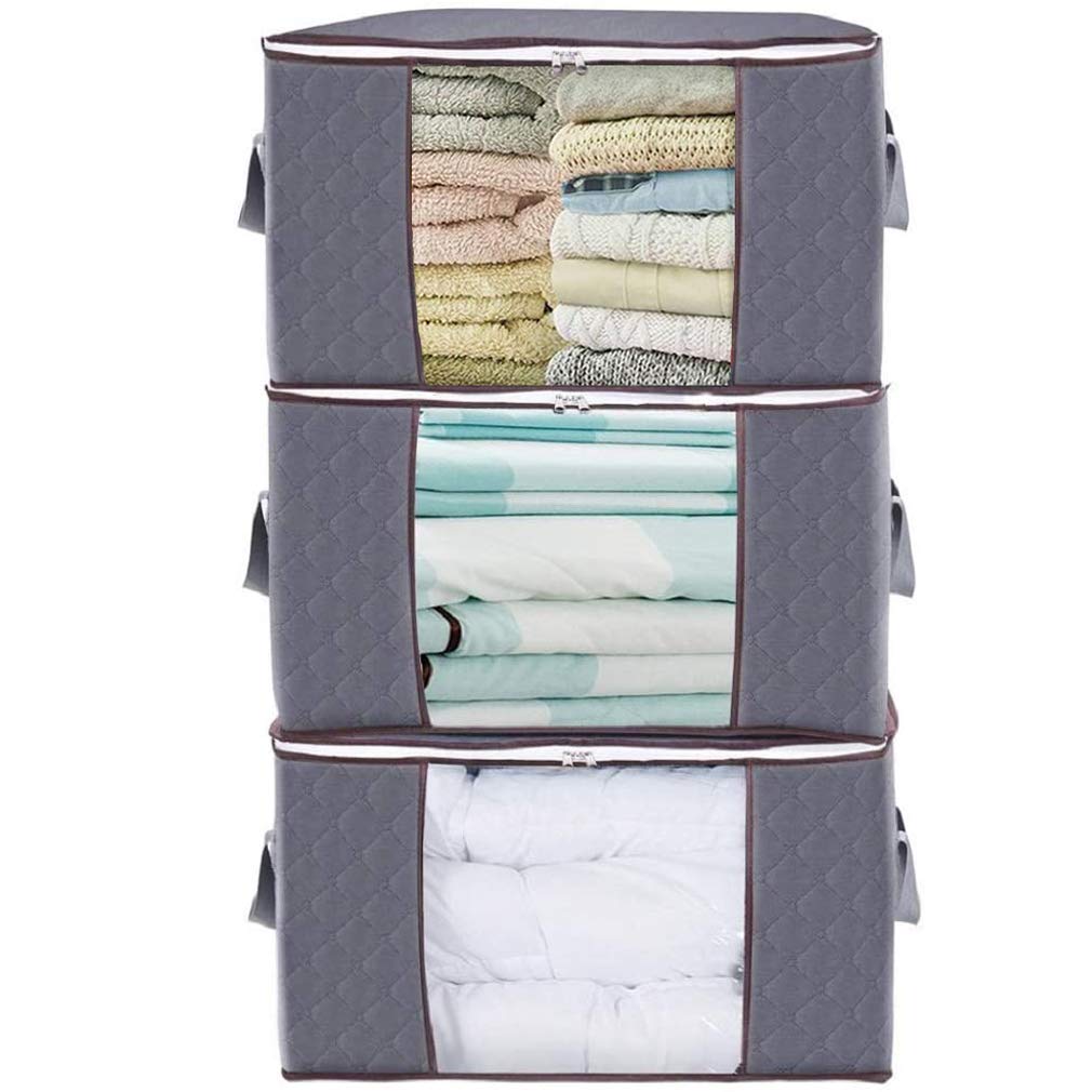 JSENGE Fabric Clothes Storage Boxes, Bedding Large Storage Bags With Lid, Underbed Clothing Storage Box, Zipper Foldable Drawer Organizer, Used For Quilts Sweaters Duvet, 60 x 35 x 43 cm, 3 Pcs