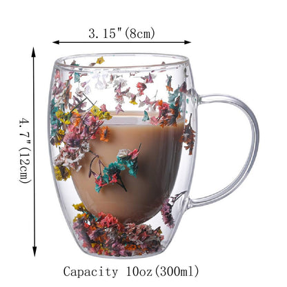Four Tiger Flower Glass Double Wall Glass 10oz Coffee Cups with Handle Tea Cups Beverage Glasses Tea Mug Milk Mug a riot of colour Novelty Aesthetic Heat Resistant (Flourish Flower)