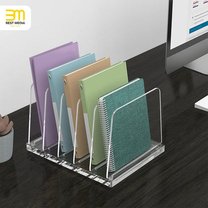 5-Section Vertical Acrylic File Organizer, Clear Desktop File Folder Holder and Sorter Rack, Durable Document Stand for Office, School, and Home Use, Modern and Sleek Workspace Accessory