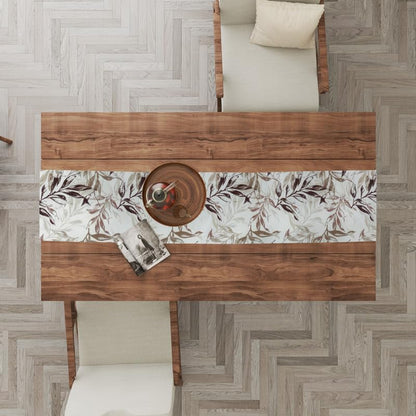 INtex HOME Linen Velvet Table Runner, 45 x 130 cm, Modern Leaves Design, Elegant Rectangular Tablecloth for Dining, Living Room and Kitchen, Soft, Durable - Café x Brown - Single Piece