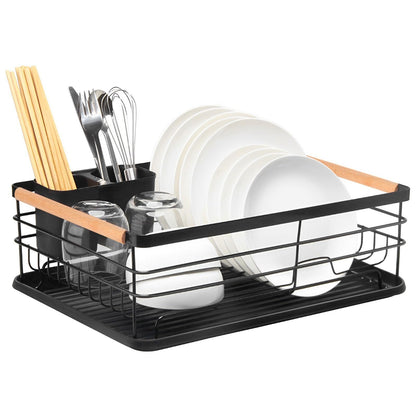 KingSaid Dish Drainer Black Matt Metal Dish Rack for Sink with Cutlery Holder and Plastic Drip Tray, Stainless Steel Dish Rack for Sink (42 x 32.5 x 14 cm)