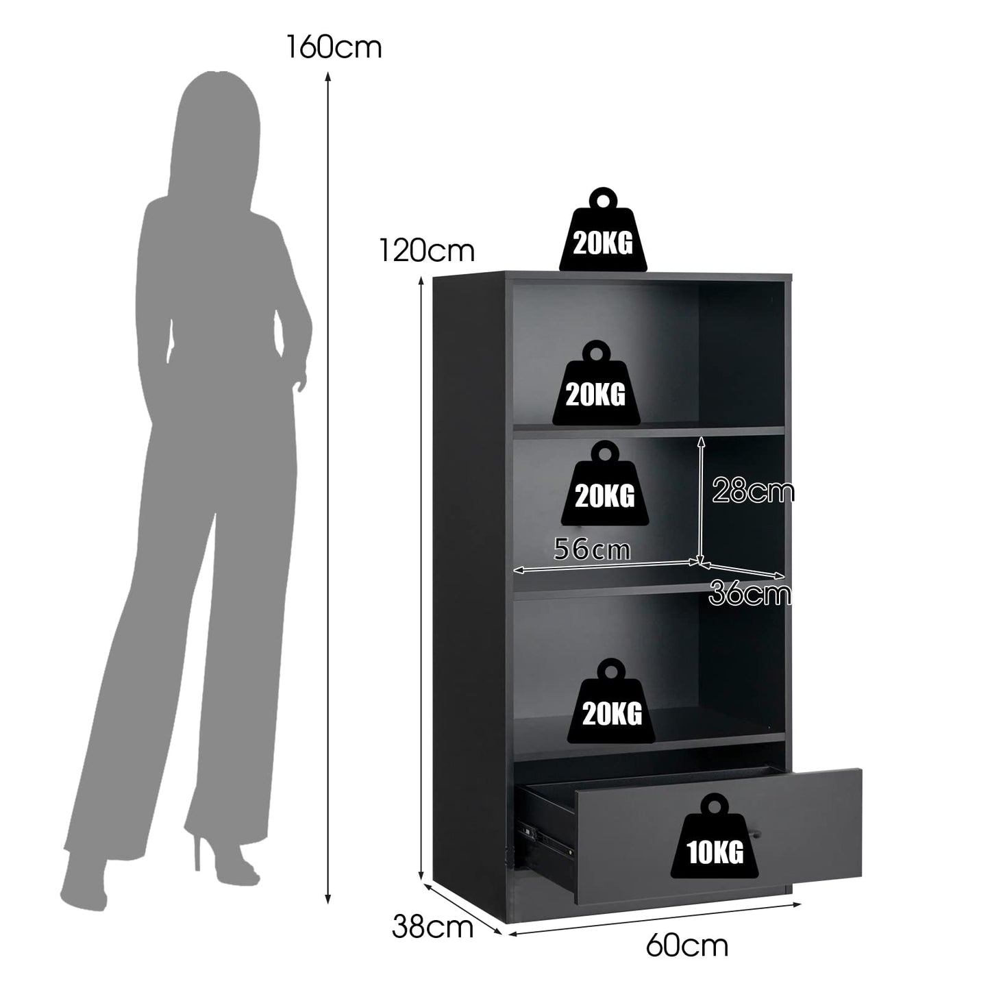 Wooden Bookcase with Drawer, Freestanding Storage Bookshelf Cabinet with 3-Tier Open Shelves, Display Rack Shelving Unit for Living Room or Office (Black)