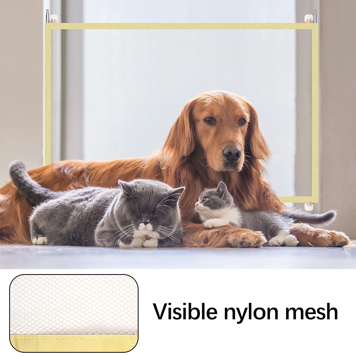 Magic Pet Gate for Dogs, Portable Folding Mesh Safety Dog Gate with 6 Hooks Install Anywhere, Safety Fence Dog Gate Providing a Safe Enclosure to Play and Rest for Hall Doorway & Stair (Yellow)