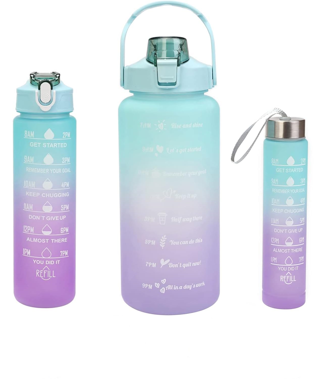 Motivational Water Bottle with Straw 3 Pcs, 64oz 32oz 16oz Time Marker Large Drinking Bottles Leakproof Half Gallon 2L Water Jugs for Sports Gym Travel BPA Free - Gradient Green