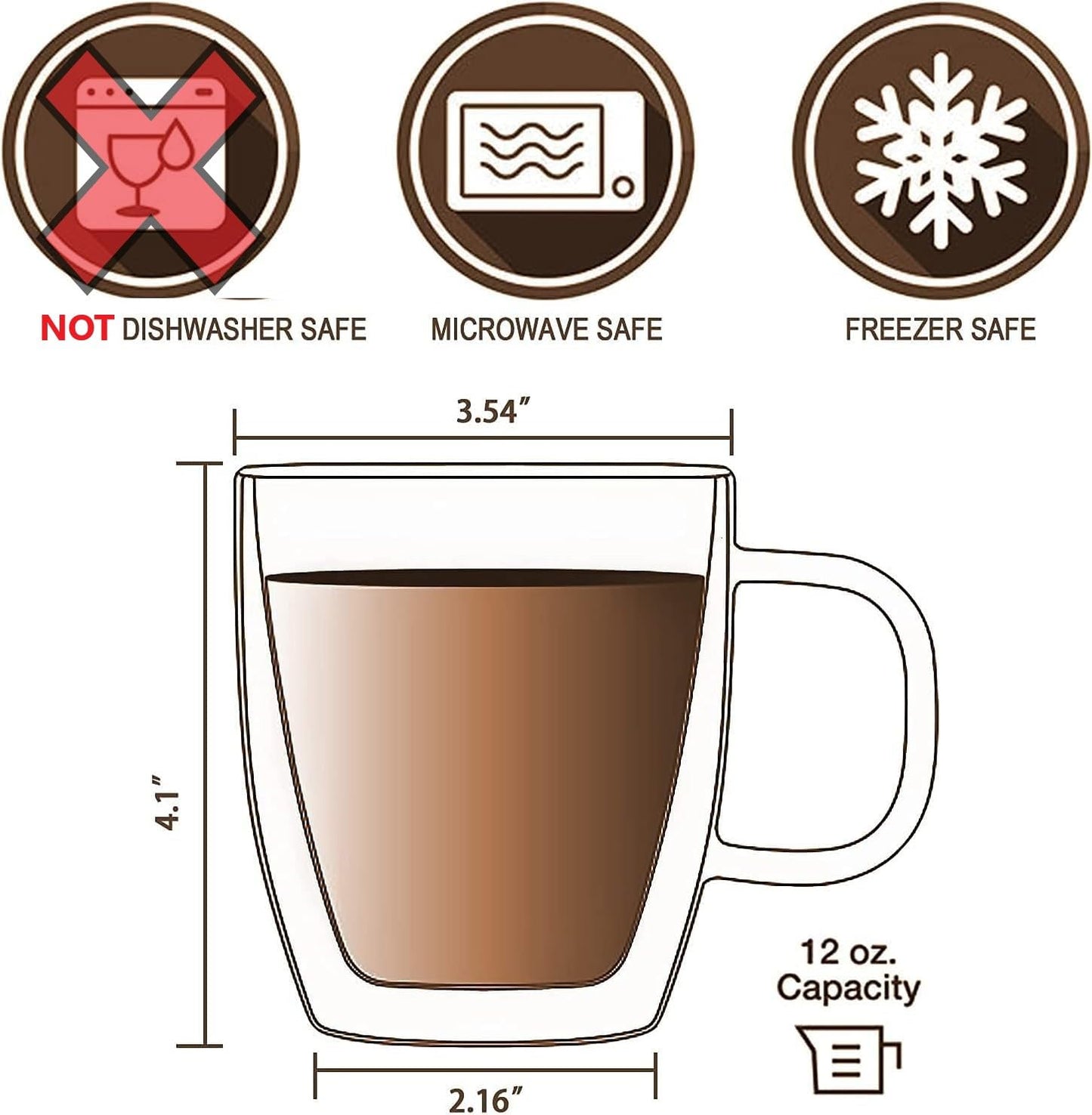 Mandorra Double Walled Glass Coffee Mugs, Double Wall Latte Mugs, set of 2 Cappuccino Cups, Clear Espresso Cups, Insulated Glass Mugs With Handle, 12 Oz,Thermos Cup