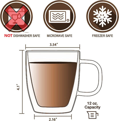 Mandorra Double Walled Glass Coffee Mugs, Double Wall Latte Mugs, set of 2 Cappuccino Cups, Clear Espresso Cups, Insulated Glass Mugs With Handle, 12 Oz,Thermos Cup