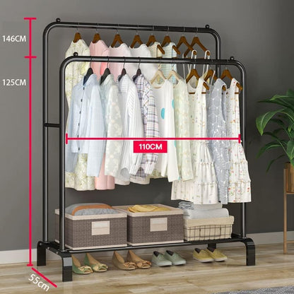 Clothes rack, clothing garment rack metal double rail hanging clothes 2-tier storage shelf for boxes shoes boots commercial grade multi-purpose entryway shelving unit for home office bedroom (black)