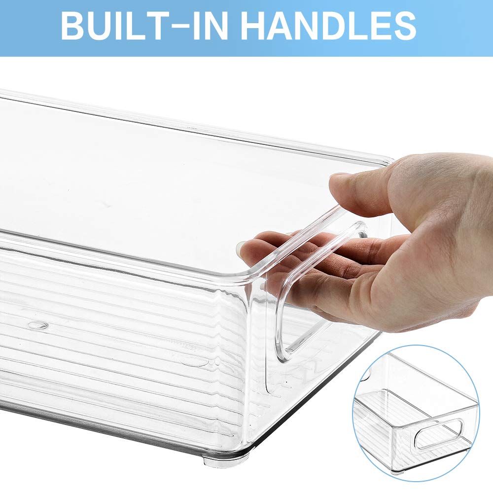 Refrigerator Organizer Bins, 6 PACK Organizer Bins Stackable Fridge Organizers with Cutout Handles for Freezer, Kitchen, Countertops, Cabinets - Clear Plastic Pantry Food Storage Rack