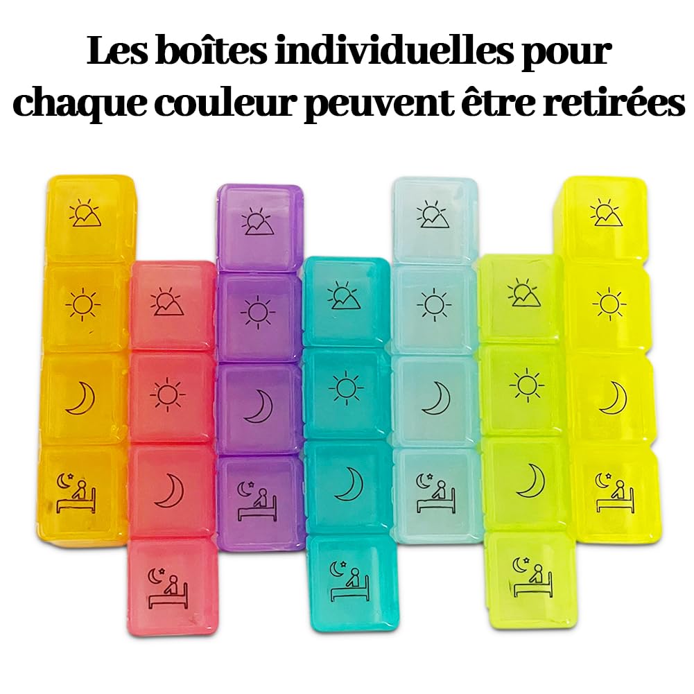 BOJIUSARL Portable Weekly Pill Box 7 Day Pill Boxes with 28 Compartments Morning Noon Evening Night 4 Times Weekly Pill Box Multicolored Medicine Box Vitamins Supplements