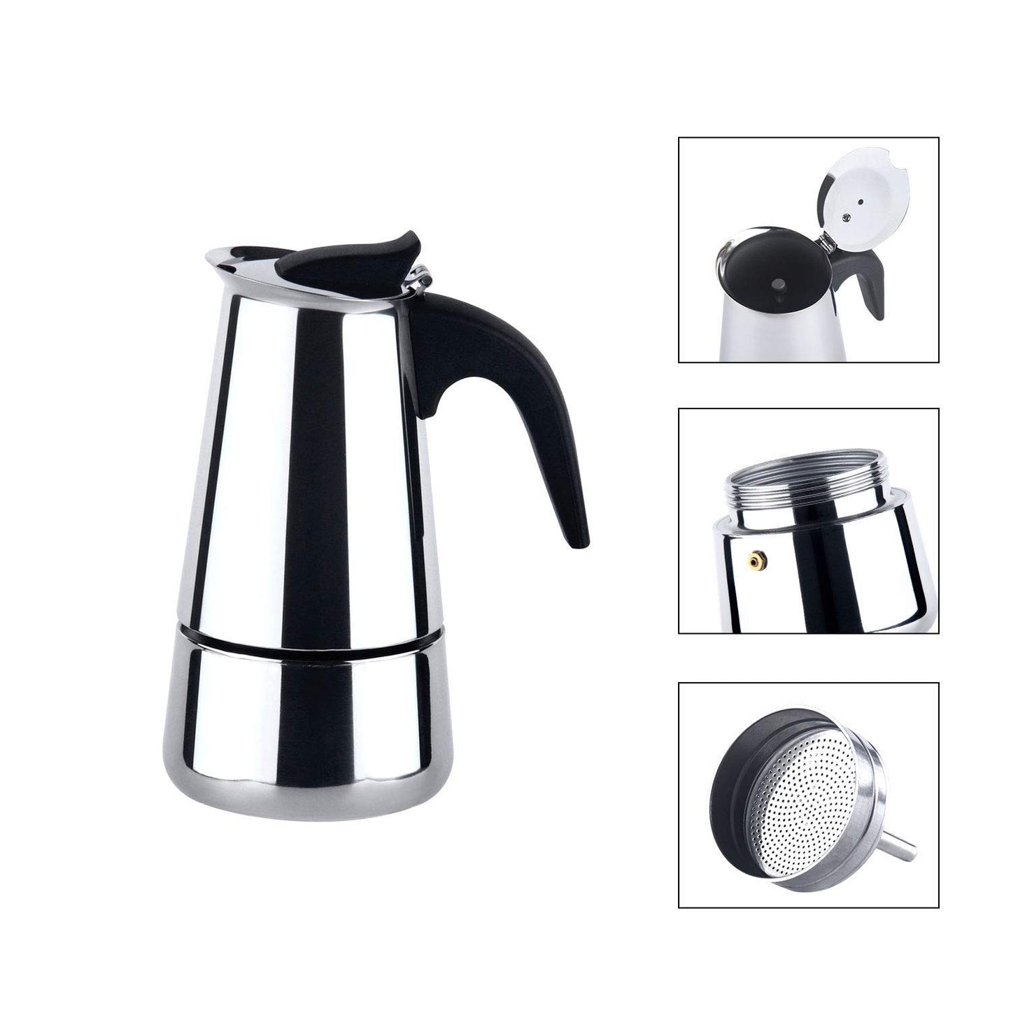 THW® Stovetop Espresso Maker - Moka Pot, 200ml (4 Cups) - Stainless Steel Italian Coffee Maker for Mocha, Cappuccino & Latte - Quick Brewing & Ergonomic Design