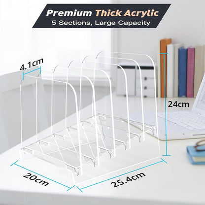 Vertical File Holder and Sorter, 5-Section Clear Acrylic Desktop Organizer Stand for Folders, Mail, and Books, Modern Transparent File Rack for Efficient Office, School, and Home Use