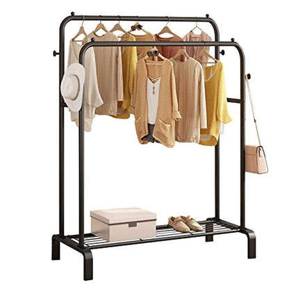 Garment rack double rod heavy duty free-standing clothes rack multi-functional bedroom hangers clothing hanging stand organizer storage rack with shoe shelves, wheels (48'' width, black)