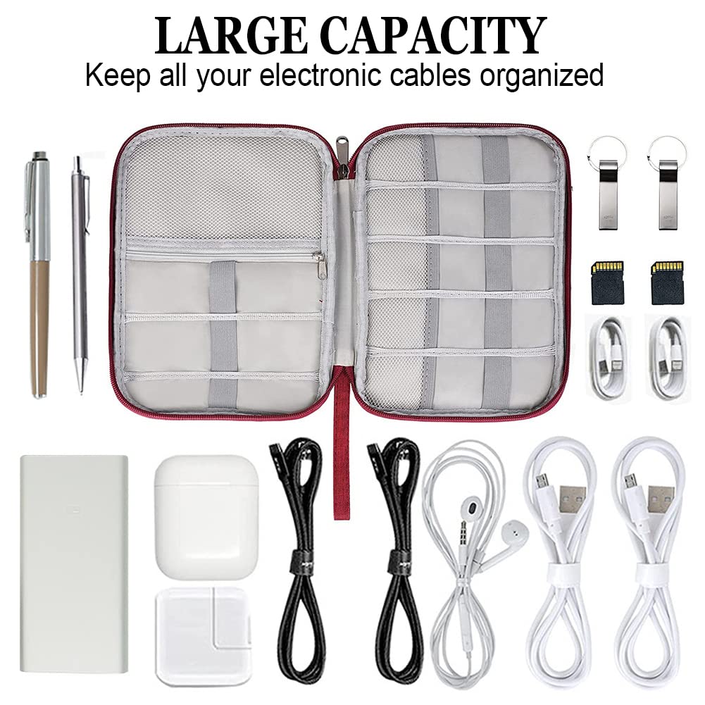 Electronic Organizer Travel Cable Organizer Bag Digital Accessories Storage Case with Dividers for Hard Drives, Portable Charger, Cables, Phone, USB, SD Card(Wine Red)