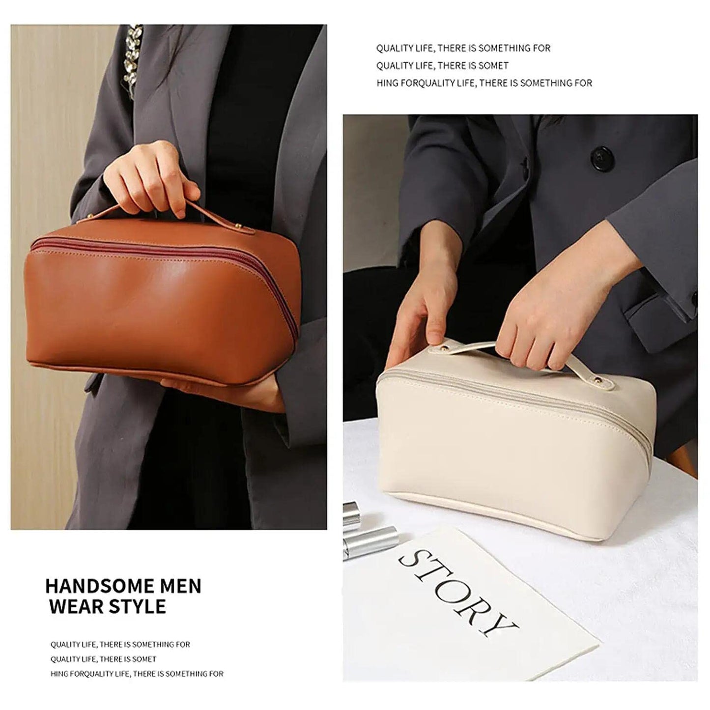 xinrongda Large-Capacity Travel Cosmetic Bag for Women, Multifunction Makeup Bags, Portable Cosmetic Bag with Handle and Gold Zipper, Brown, Fashion