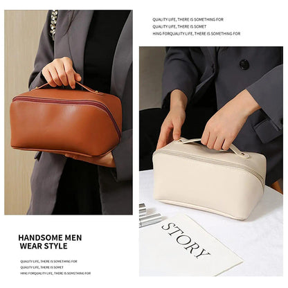 xinrongda Large-Capacity Travel Cosmetic Bag for Women, Multifunction Makeup Bags, Portable Cosmetic Bag with Handle and Gold Zipper, Brown, Fashion