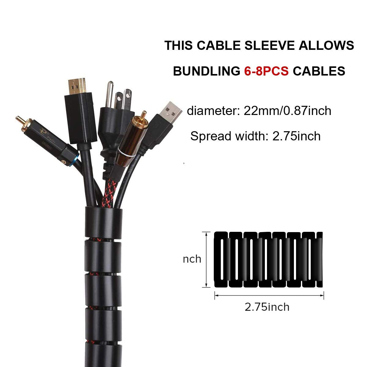 Cable Management Sleeve,2M Cable Bundler Manager with Cord Organizer Clip, DIY Flexible Coiled Tube -Diameter 22m/0.87 inch -Spread Width 2.75inch- Black