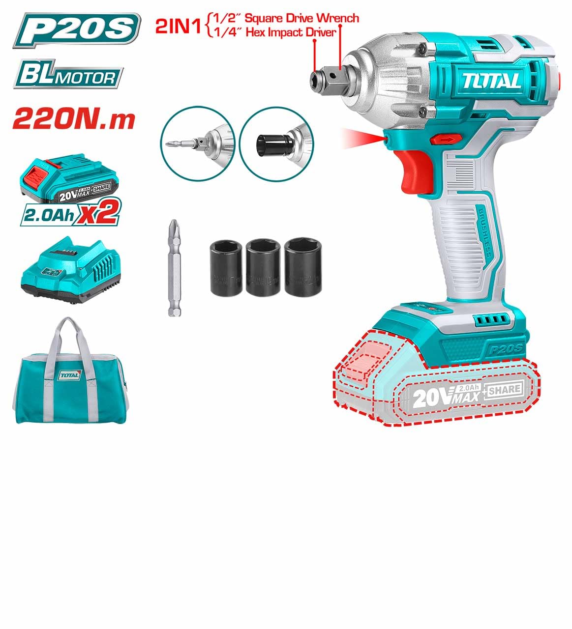 Total Lithium-Ion cordless impact driver &wrench 220Nm Brushless motor 20V 2A - TIWLI20208