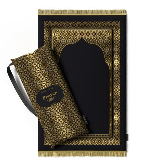 Velvet Prayer Rug Mat in a timeless Gold and Black design, 68x117 cm, a soft and comfortable Islamic rug that provides an ideal surface for your daily prayers and moments of reflection