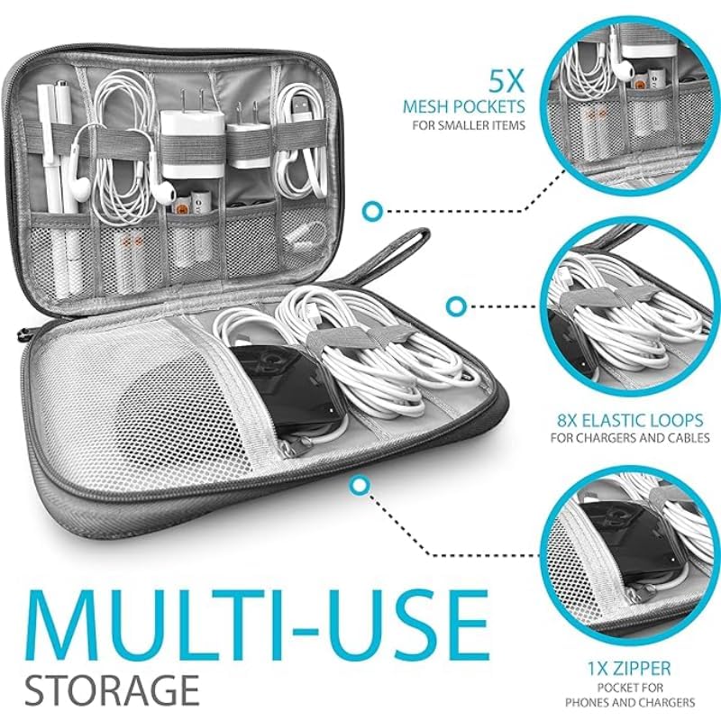 Fabric Rectangle Divided Cable Accessories Organizer Bag With Many Slots And Strong Handle For Personal Supplies Organization - Grey