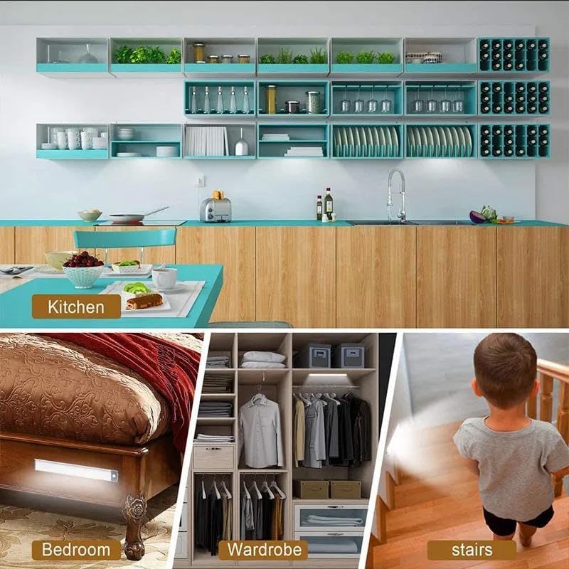 LED Motion Sensor Cabinet Light, Under Counter Lighting, USB Rechargeable Kitchen Night Lights, Removable Magnetic Stick Anywhere, White Night Light for Kitchen Cabinet, Hallway, Stairway (30cm)