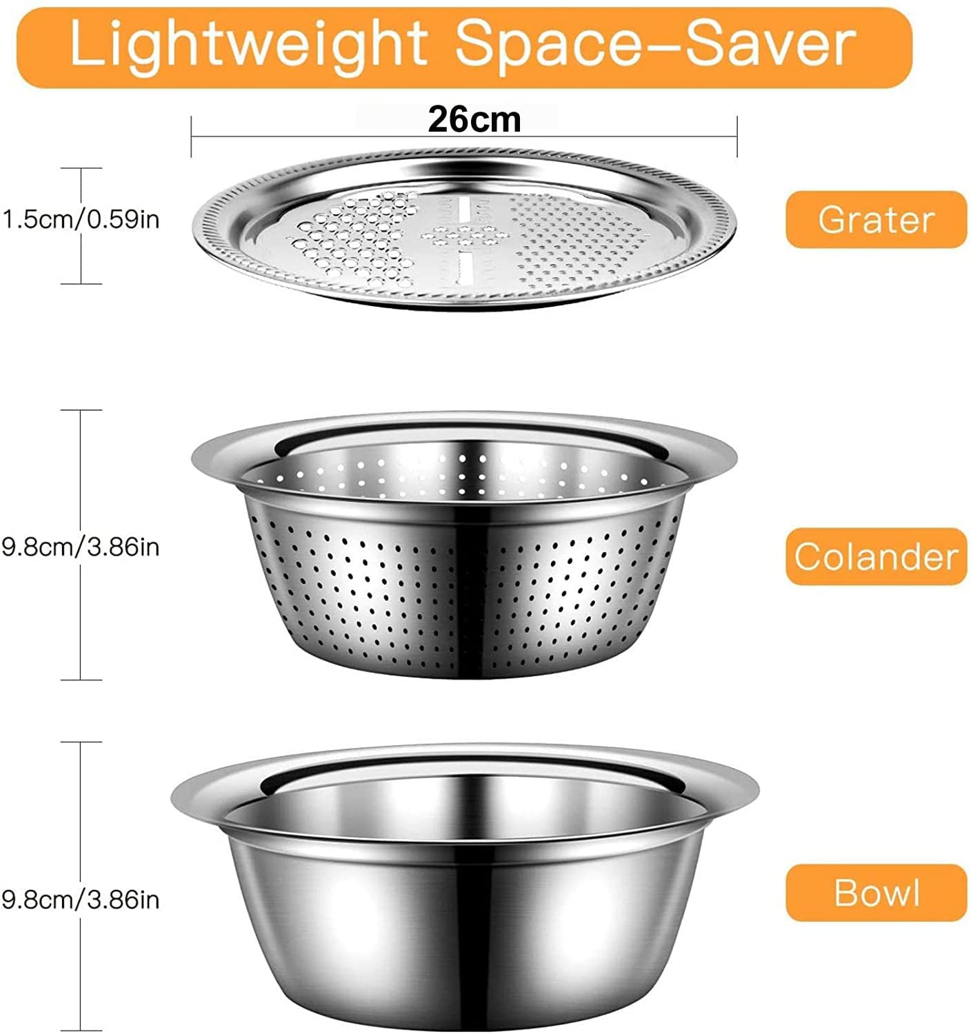 PREMIFY 3 in 1 Stainless Steel Grater Basin with Vegetable Chopper And Cheese Grater, Multifunctional Set Food Bowl/Colander/Vegetable Grater Mixing Bowl & Drainer, Rice Sieve Strainer