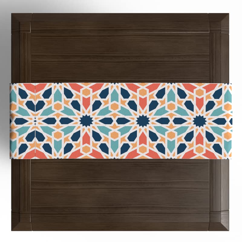 Arabesque Velvet Table Runner, a luxurious multicolor 35x140 cm table linen with an intricate Islamic pattern, an elegant centerpiece for dining tables, consoles, or festive events