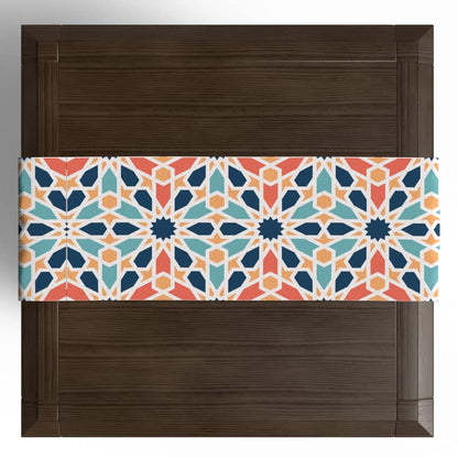 Arabesque Velvet Table Runner, a luxurious multicolor 35x140 cm table linen with an intricate Islamic pattern, an elegant centerpiece for dining tables, consoles, or festive events