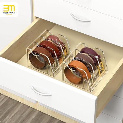 Acrylic Belt Organizer, Clear Belt Storage Holder with 3 Compartments and Display Stand, Perfect for Closet, Drawer and Dresser Organization, Elegant Storage Solution for Belts, Clear