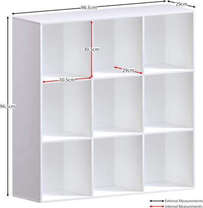 9-Cube Bookcase in White, Large Storage Organizer and Shelf for Living Room, Manufactured Wood Freestanding Unit for Home and Office, Versatile Display and Organization System