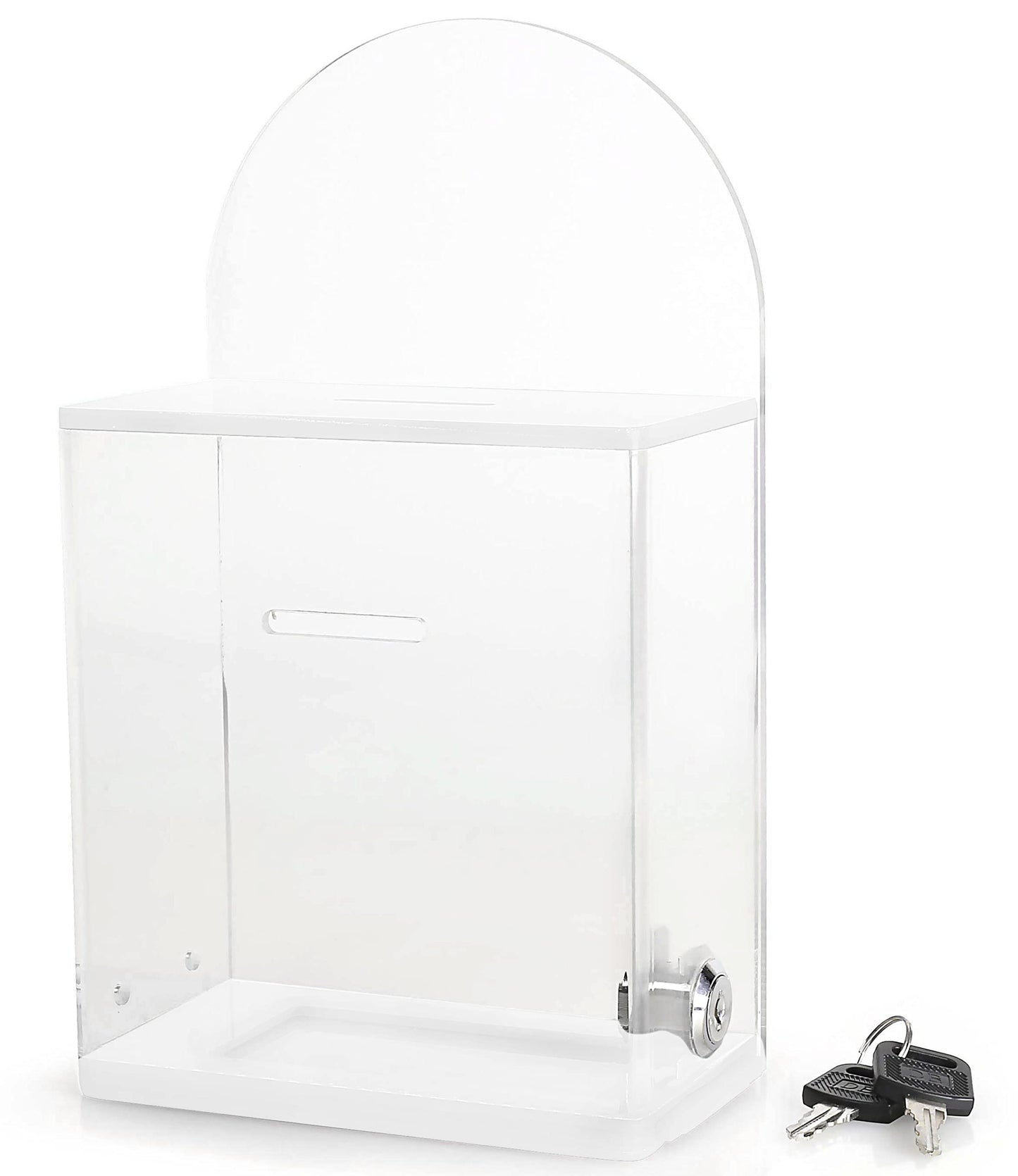 Acrylic Donation and Suggestion Box, Wall-Mountable or Countertop Collection Box with Lock and Keys, Round Back Display Area, Pre-Drilled Holes for Secure Installation, 25 x 15 cm, Clear