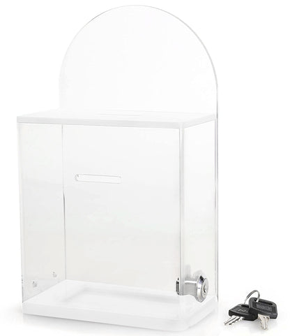 Acrylic Donation and Suggestion Box, Wall-Mountable or Countertop Collection Box with Lock and Keys, Round Back Display Area, Pre-Drilled Holes for Secure Installation, 25 x 15 cm, Clear