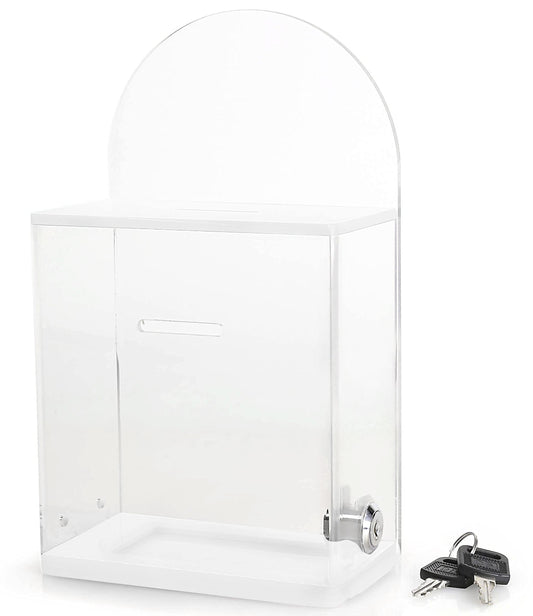 Acrylic Donation and Suggestion Box, Wall-Mountable or Countertop Collection Box with Lock and Keys, Round Back Display Area, Pre-Drilled Holes for Secure Installation, 25 x 15 cm, Clear