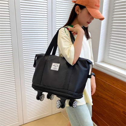 MirajX Travel Duffel Bag with Trolley 4 Wheels for Women | Foldable Extendable Moving Waterproof Sports Handbag | Travelling Organizer Bag (Black)