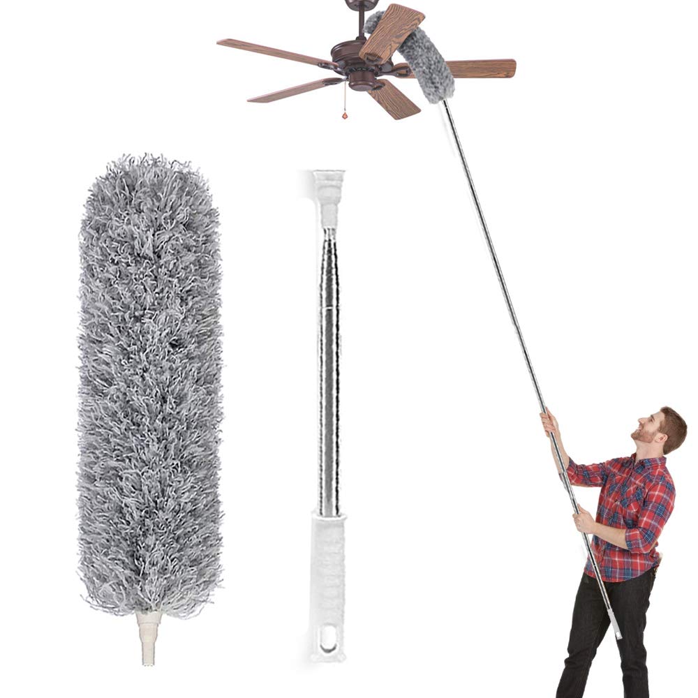 Lomida Feather Duster With Extendable Telescopic Pole - Extra Long 100 Inches, Microfiber With Washable Bendable Head for Cleaning High Ceiling Fans, Blinds, Cobweb, Cars