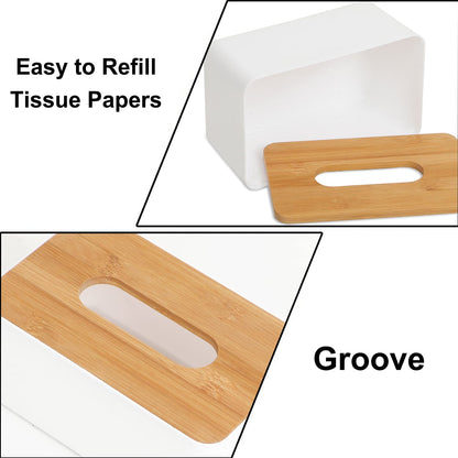 MEXONIC Bamboo Cover Plastic Tissue Box Holder Tissue Paper Holder Box Case for Car Decor Home Facial Tissue Holder Bathroom Vanity Countertop,Bedroom,Living Room,Kitchen Multi Function(Pack of 02)