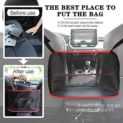 Car Net Pocket Handbag Holder Between Seats, Car Storage Netting Pouch for Purse Storage Phone Documents Pocket, Large Capacity Car Net Bag Barrier of Back Seat Pet Kids Helps To Safe Driving