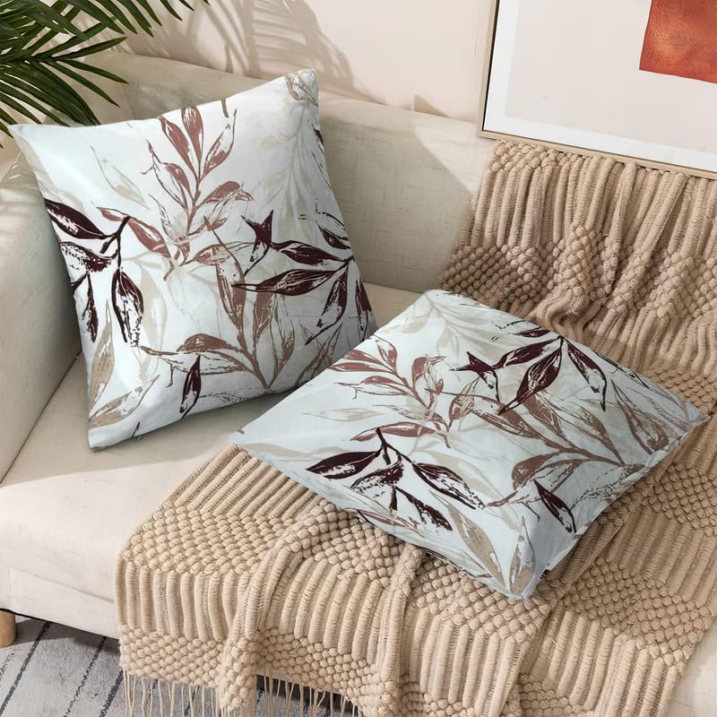INtex CURTAINS HOUSE Printed Linen Velvet Cushion Covers, Throw Pillow Covers, Leaves Pattern Decorative Pillow Covers, Set of 2 Pieces Cafe x Brown 30W x 30L CM
