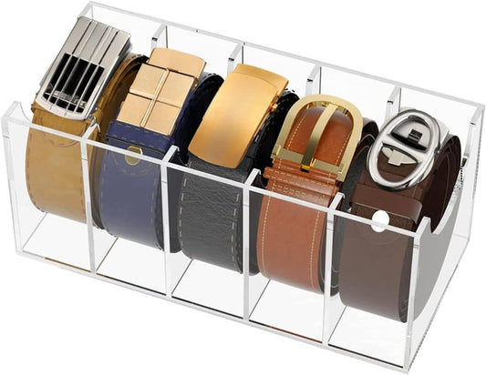 Acrylic Belt Organizer Display Box, 5-Compartment Clear Storage Case for Belts, Ties, and Bow Ties, Compact Closet Shelf or Drawer Organizer for Accessories, Transparent Design, Clear