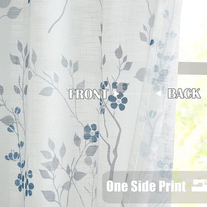 Rich Natural Linen curtains - Printed floral curtains- Semi-transparent - Road Pocket grommets for living room, bedroom, kitchens, 1 piece