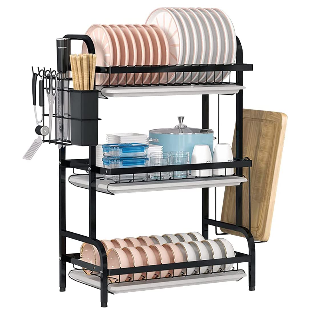 NQV 3 Tier Dish Drying Stand Large Dish Rack for Plates Cups Bowls Utensils Cutting Board and Cutlery Metal Dish Drying Rack with Spray Paint Durable Dish Rack with 3 Removable Water Trays