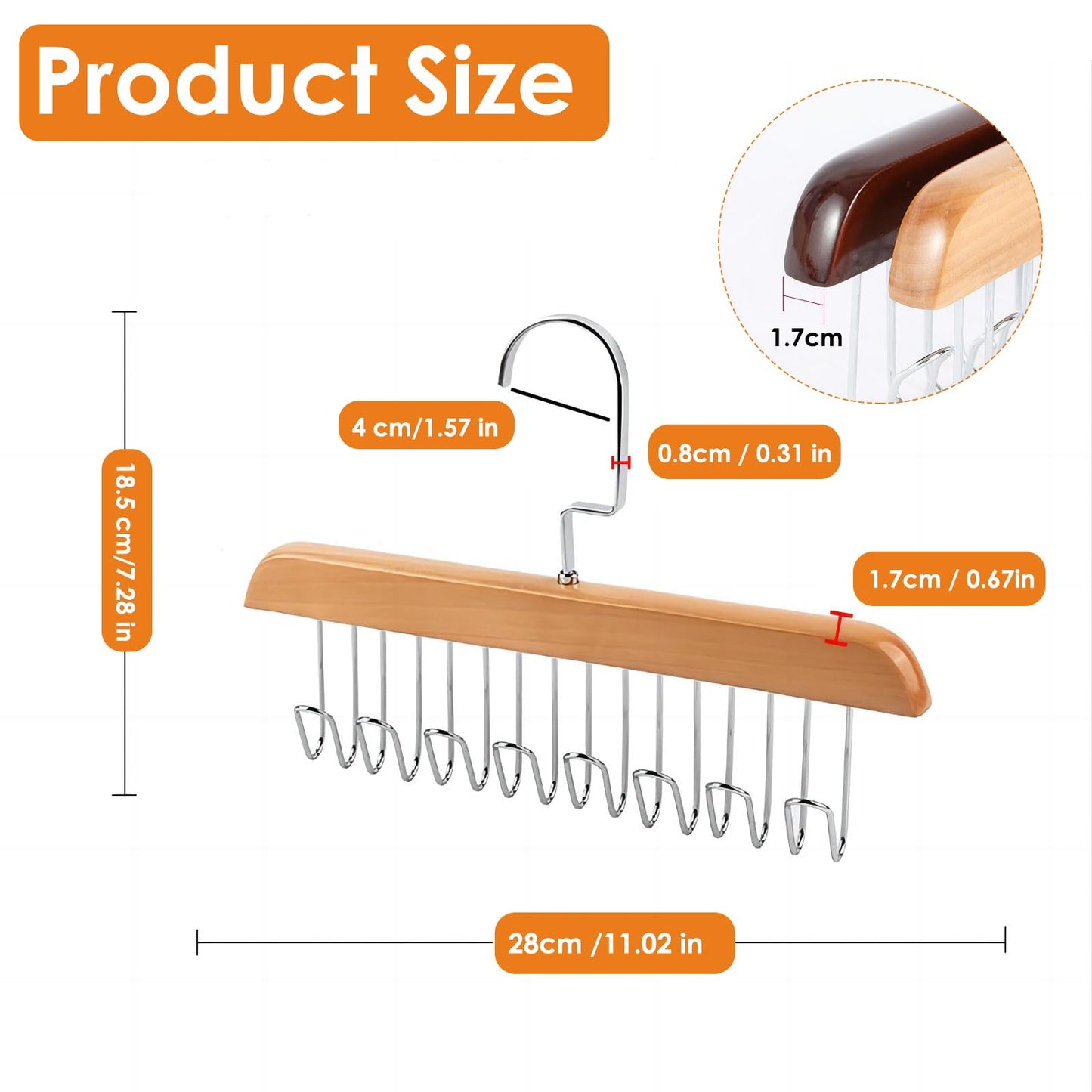 Sigowal 2 Pack Belt Hanger for Closet, Sturdy Wooden Belt Holder with 8 Hooks, Space Save Tank Top Bra Hanger, Wood Belt Organizer for Closet, 360°Rotating Tie Rack for Belt Tie Scarf Tank Top (Brown)