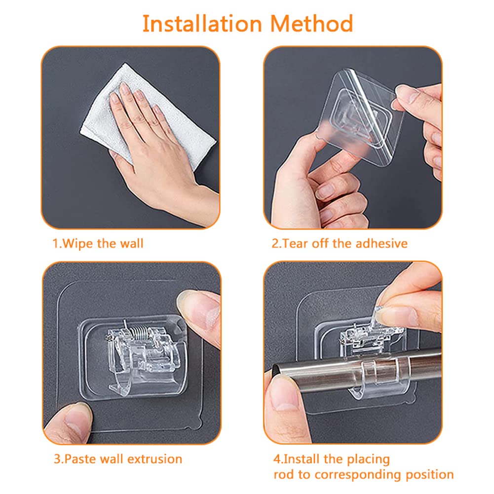 2PCS Curtain Rod Brackets Self Adhesive Drapery Hook Holders Nail Free Curtain Rod Hooks Wall Brackets Towel Rod Hooks for Bathroom Home and Hotel (Transparent)