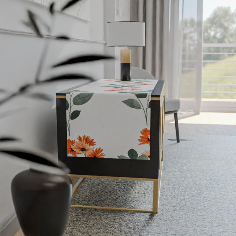 مفرش طاولة لومينا المصنوع من القطن، قطعة مركزية مزخرفة باللون الأبيض والبرتقالي والأخضر، 35×140 سم، بتصميم حيوي ومنعش لإضفاء البهجة على طاولة الطعام الخاصة بك في الربيع أو الصيف