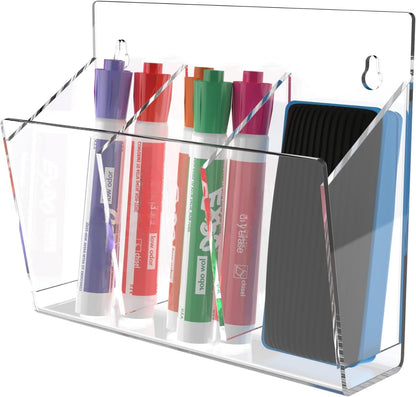 Acrylic Marker Holder, Wall Mounted Organizer with 3 Compartments, for Dry Erase Markers, Whiteboards, Classroom and Office Accessories, Includes Adhesive, Clear