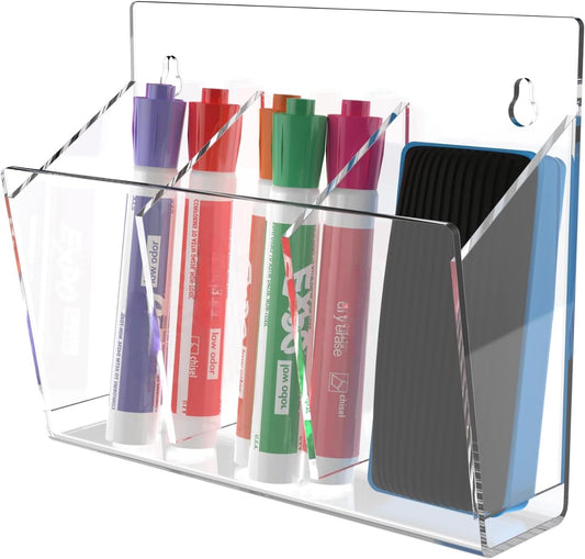 Acrylic Marker Holder, Wall Mounted Organizer with 3 Compartments, for Dry Erase Markers, Whiteboards, Classroom and Office Accessories, Includes Adhesive, Clear