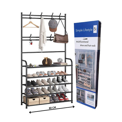 Entryway 5 Tier Coat Rack,3-in-1 Hall Tree Shoe Bench with Coat Hat Umbrella Rack,Storage Shelves with 8 Hooks, Multifunctional Hallway Organizer (80cm, Black)