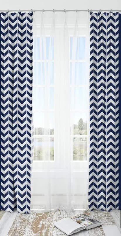 INtex CURTAINS HOUSE Luxury velvet curtains - Modern design - Stripped Zigzag - steel Grommets - 1 piece Blue*White 145W X 230L CM