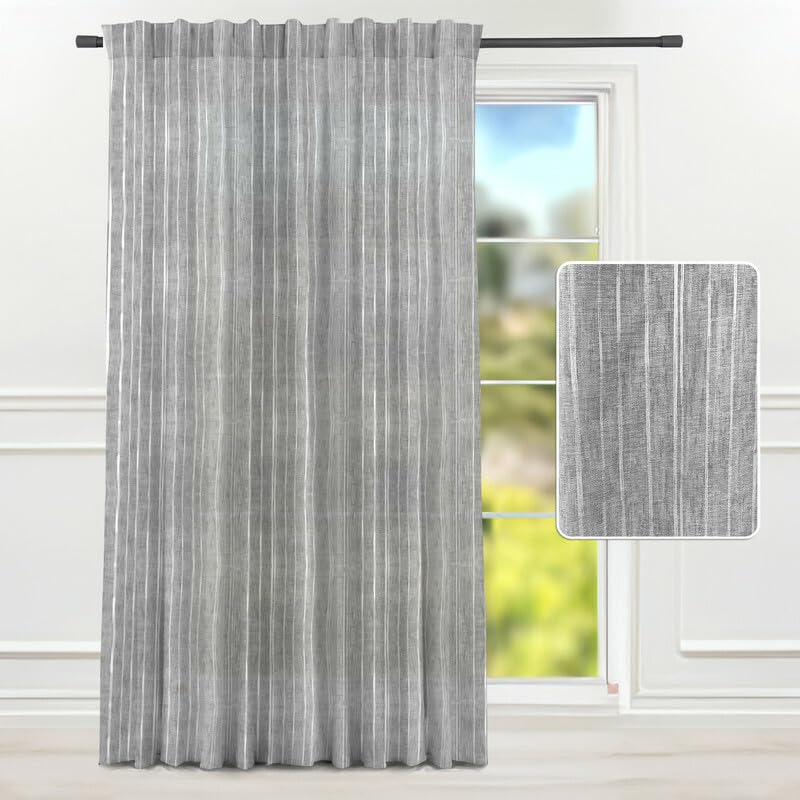 INtex CURTAINS HOUSE Linen Curtains for Living Room, Semi-Sheer Light-Filtering Drapes with White Stripes, Natural Fabric, 2 Hanging Options, 1 Piece - Off-White - 200W x 230L CM